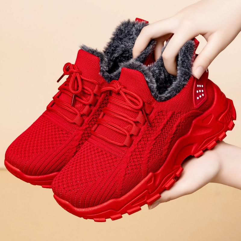 Womens Winter Fleece Sneakers Plus Size Warm Platform Walking Shoes Low Top Casual Cotton