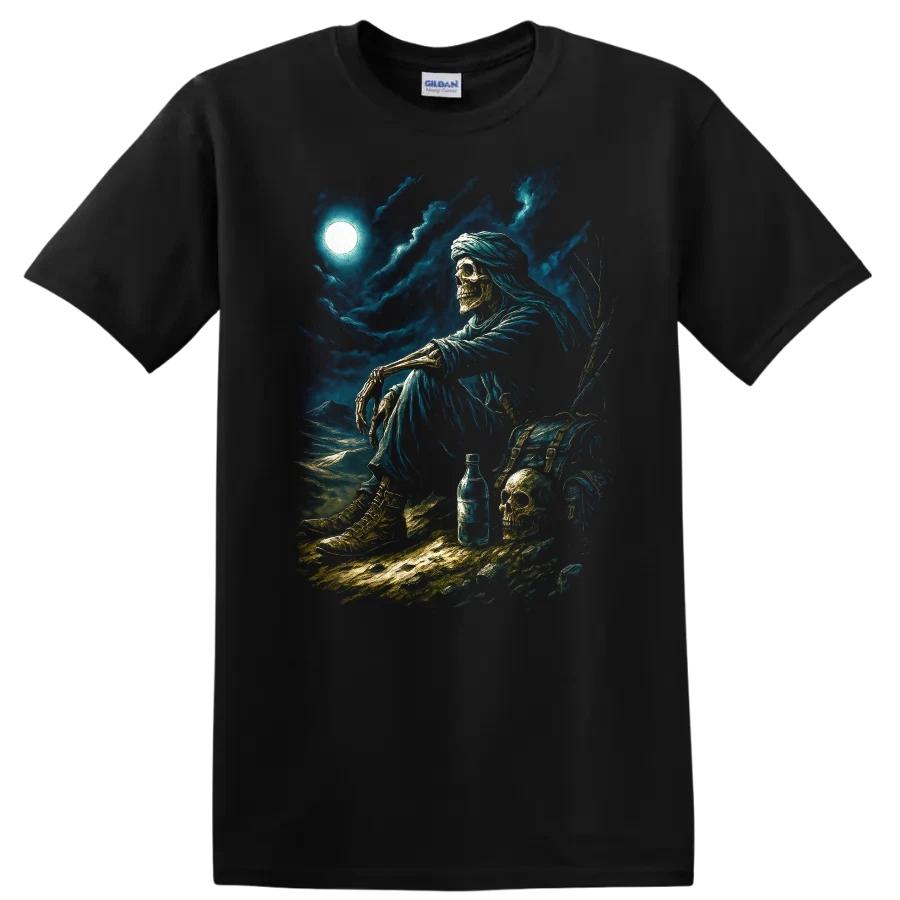 Skeleton Desert Wanderer T Shirt Gloomy Night Scene w/ Skull Tee