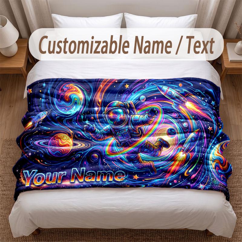 Astronaut Space Theme Soft Blanket Personalized Custom Name Text Print Warm Blanket Home Sofa Bedroom Decor