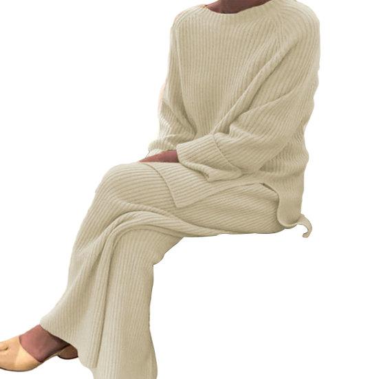 Женский комплект из 2 шт./компл., свитер, брюки, вязаный эластичный круглый вырез, свободный, с широкими штанинами, с эластичной резинкой на талии, толстый, мягкий, теплый, домашняя одежда, одежда для сна, женская зимняя осень