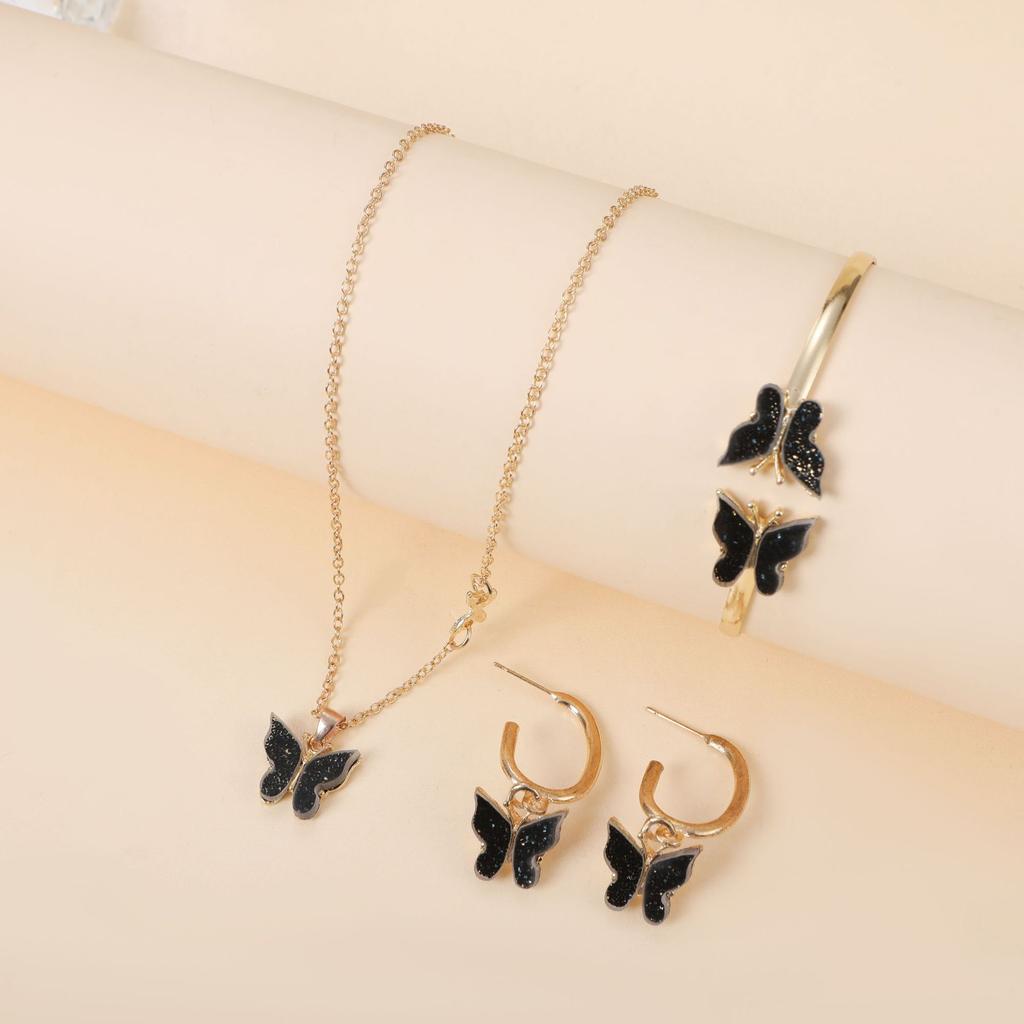 Women Versatile Butterfly 4 Piece Jewelry Set With Earrings Bracelet Necklace And Pendant Fashion Accessories Gift