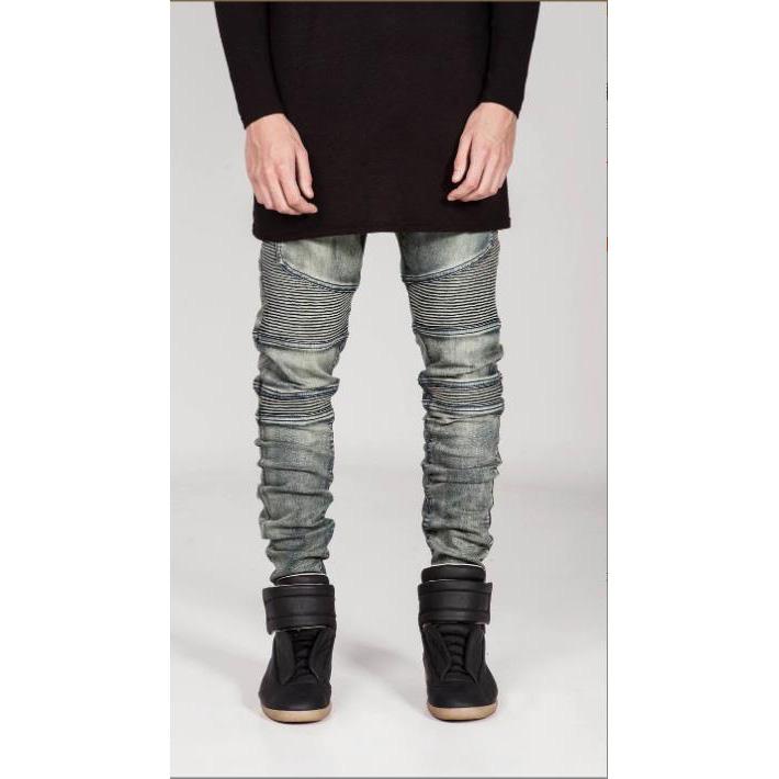 MAITA New Trend Men Casual Slim Jeans Pleated Stretch Street Long Straight Denim Pants Plus Size