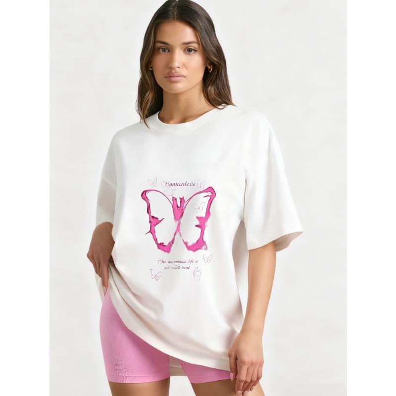 Oversized T Shirt Black Romanticism Butterfly Print With Inspirational Quote Casual Streetwear For Women