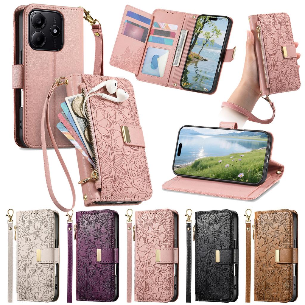 Цветочный кожаный чехол-кошелек для Oppo A3 Pro/A5 Pro/Realme C63/C75/Reno12 F...Винтажный держатель для карт «все в одном» с подставкой, магнитной застежкой и ремешком на запястье