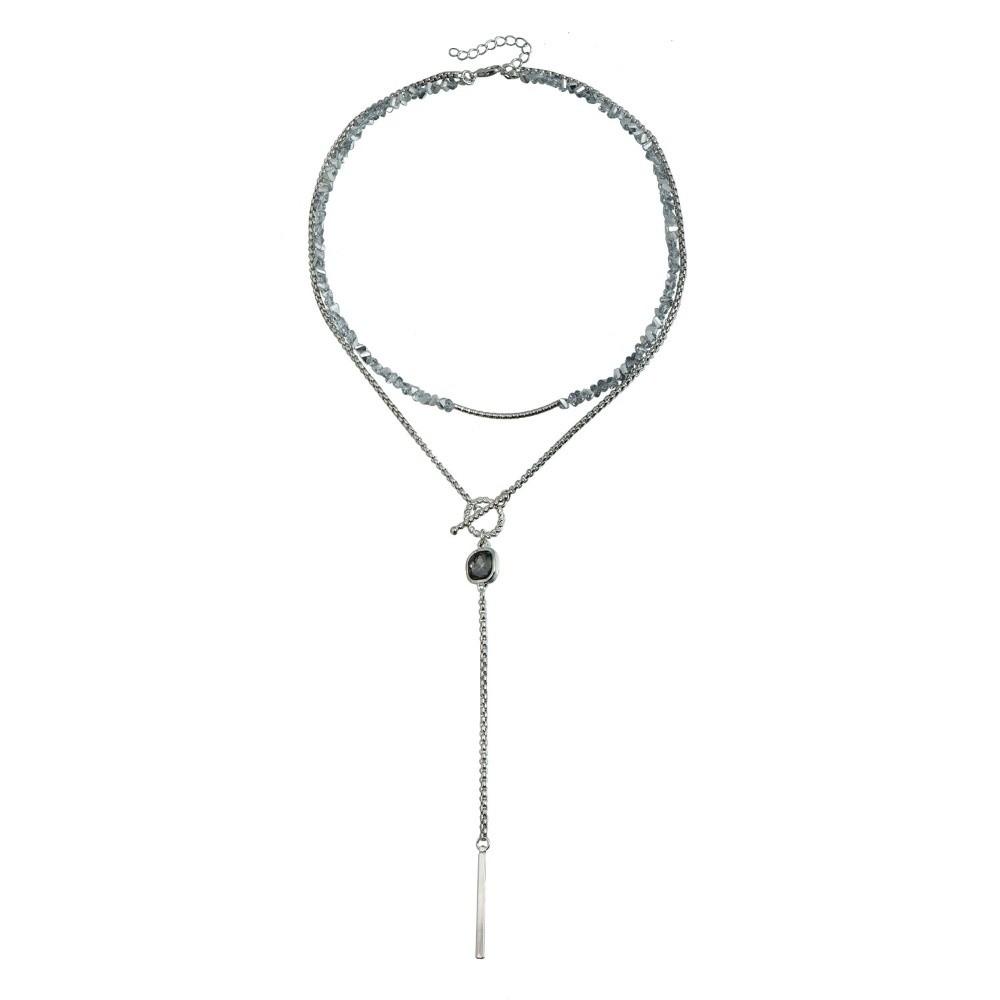 Y-shaped Square Necklace Geometric Punk Style Necklace Gifts Grey Glass Pendant  for Women
