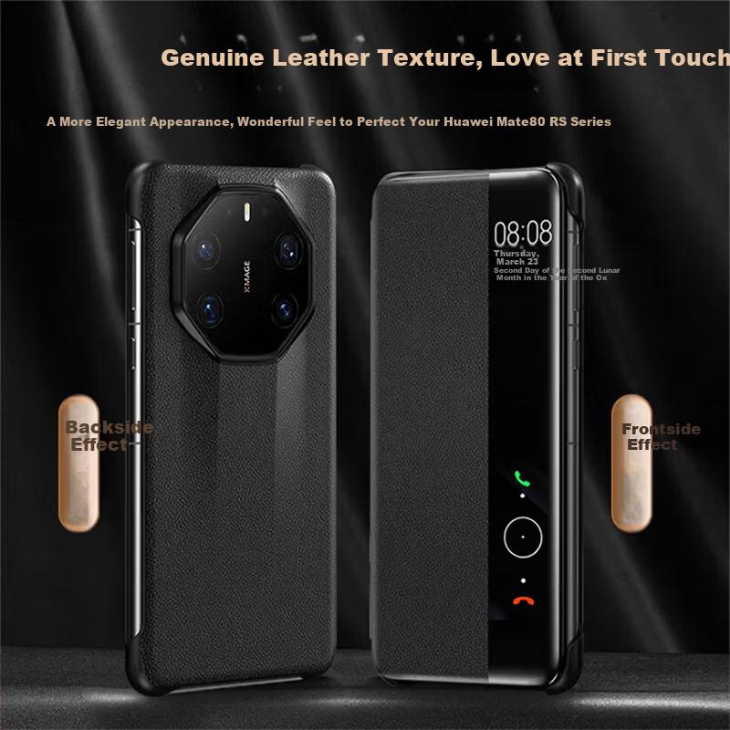 Huawei Mate80RS Case, Genuine Leather Flip Cover with Smart Window, Full Protection, Ultra-Thin, Shockproof, Business Style, Black