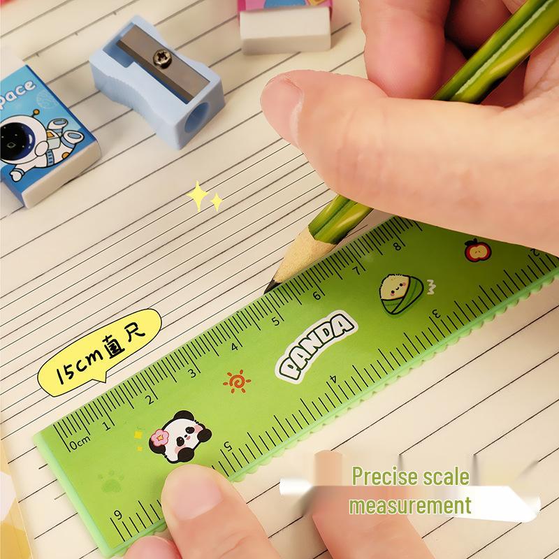 Cartoon Pencil Set with Ruler, Eraser, and Sharpener for Primary Students