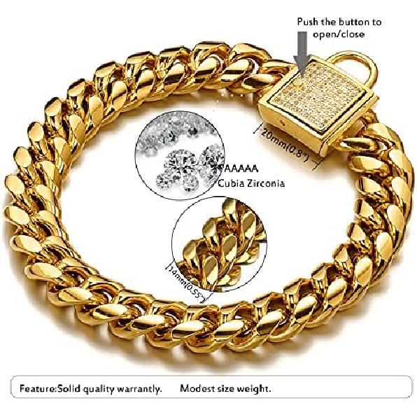 Designer Dog Collar Gold Metal Stainless Steel with Zirconia Lock 14mm 18K Gold Big Dog Luxury Training Collar Cuban Lock Link Necklace Chain(10