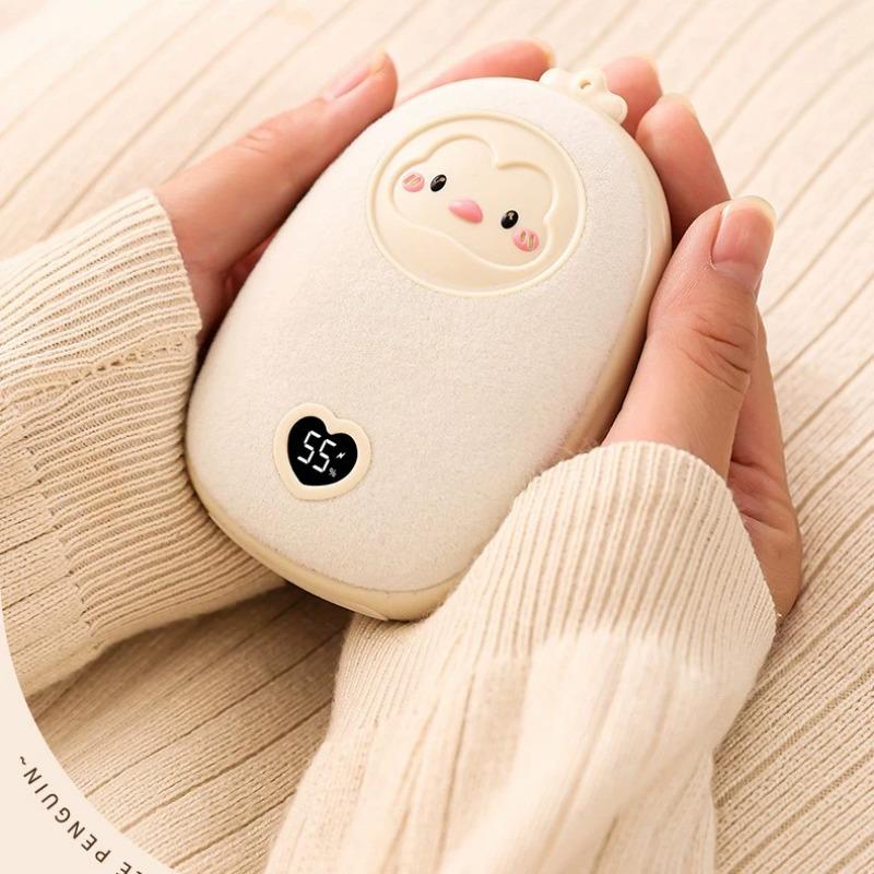 Calentador de manos portátil 2 en 1 con banco de energía diseño de pingüino de felpa suave