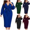 Womens Plus Size Fashion Loose Evening Dress Solid Color Long Sleeve V Neck Tie Sexy Dress
