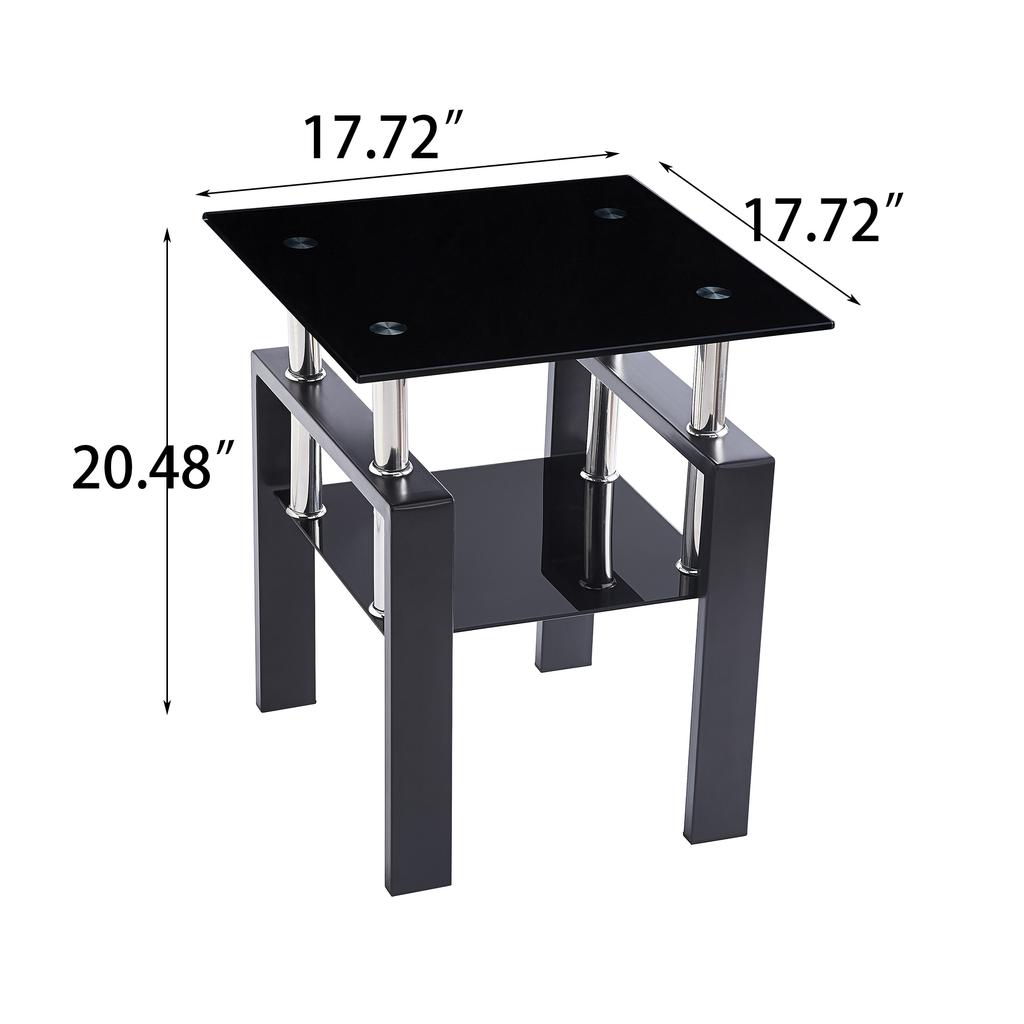 2-Piece Tempered Black Glass Sofa Table, Black Nightstand with Metal Leg for Living Room