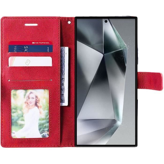 Coque - E.F.CONNECTION - Pour Galaxy S24 Ultra - Rouge - Cuir PU - Semi-rigide - Aimantée