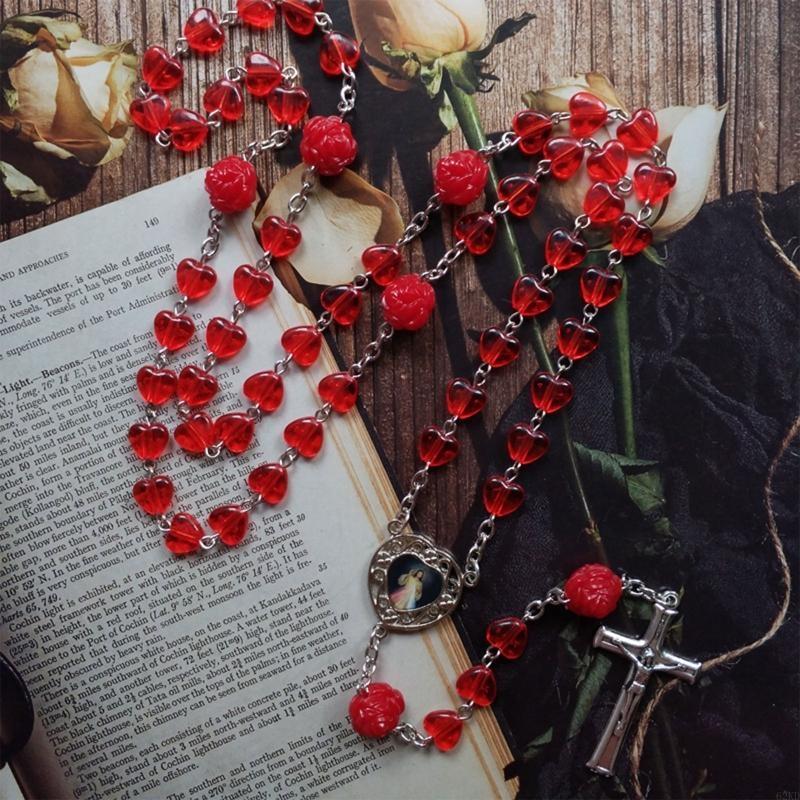 62KD Red Hearts Catholic Rosary Necklace Beads Holy Figure Jesus Hanging Pendant Charm for Women Men Church Decoration Gift