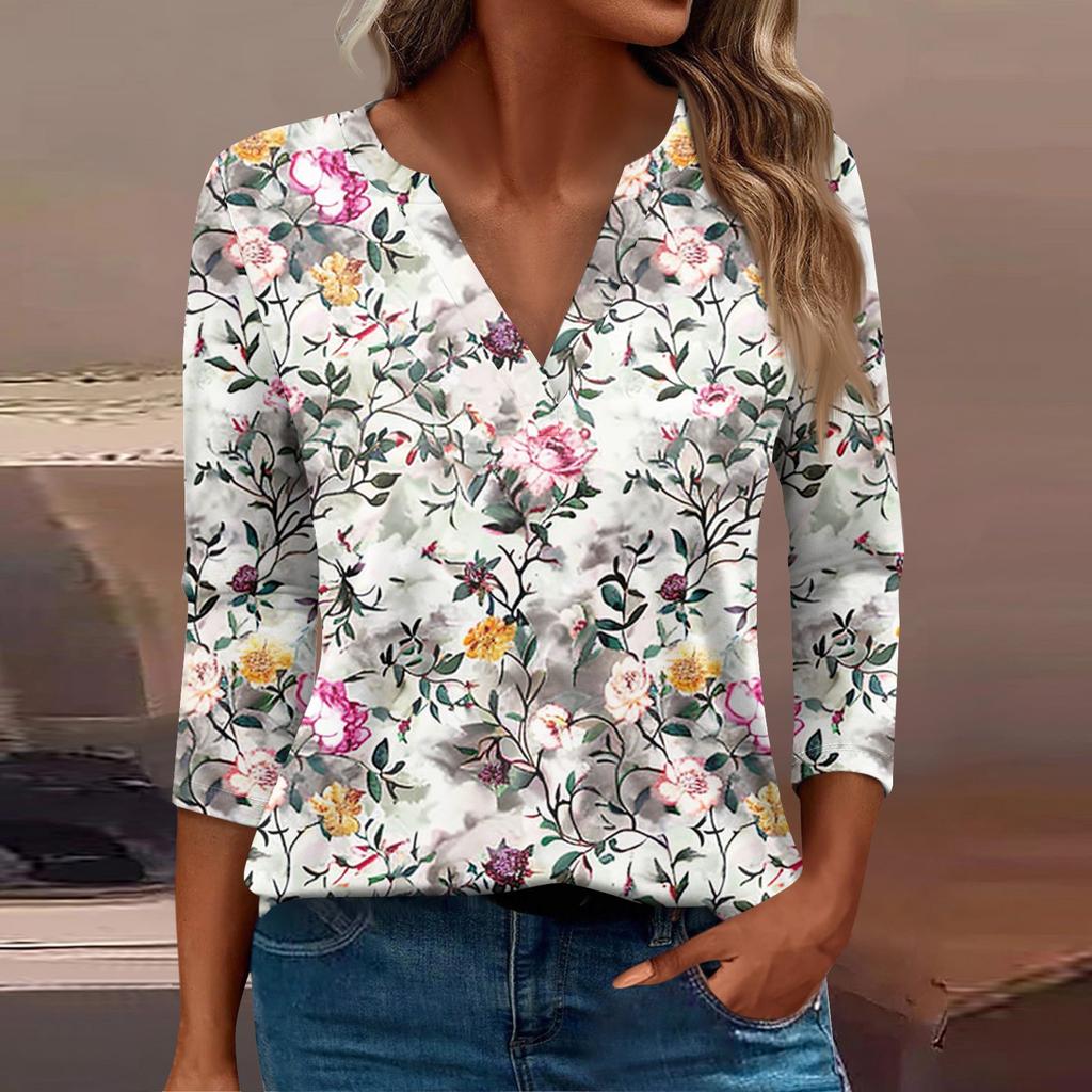 Women's T Shirt Tee Print Button  3/4 Sleeve Daily Weekend Fashion Basic V- Neck Regular Top