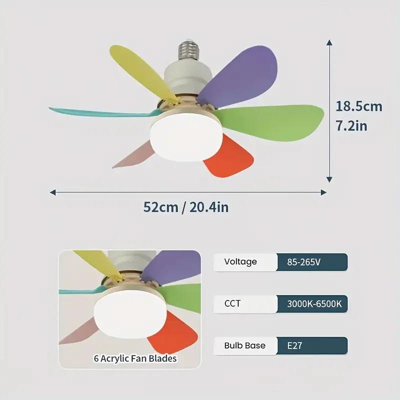Потолочный вентилятор с подсветкой, Маленький потолочный вентилятор на винтах с пультом дистанционного управления, 3 скорости ветра, Диммируемый светодиод, 3000-6500K, 6 белых лопастей, 20,5 дюйма