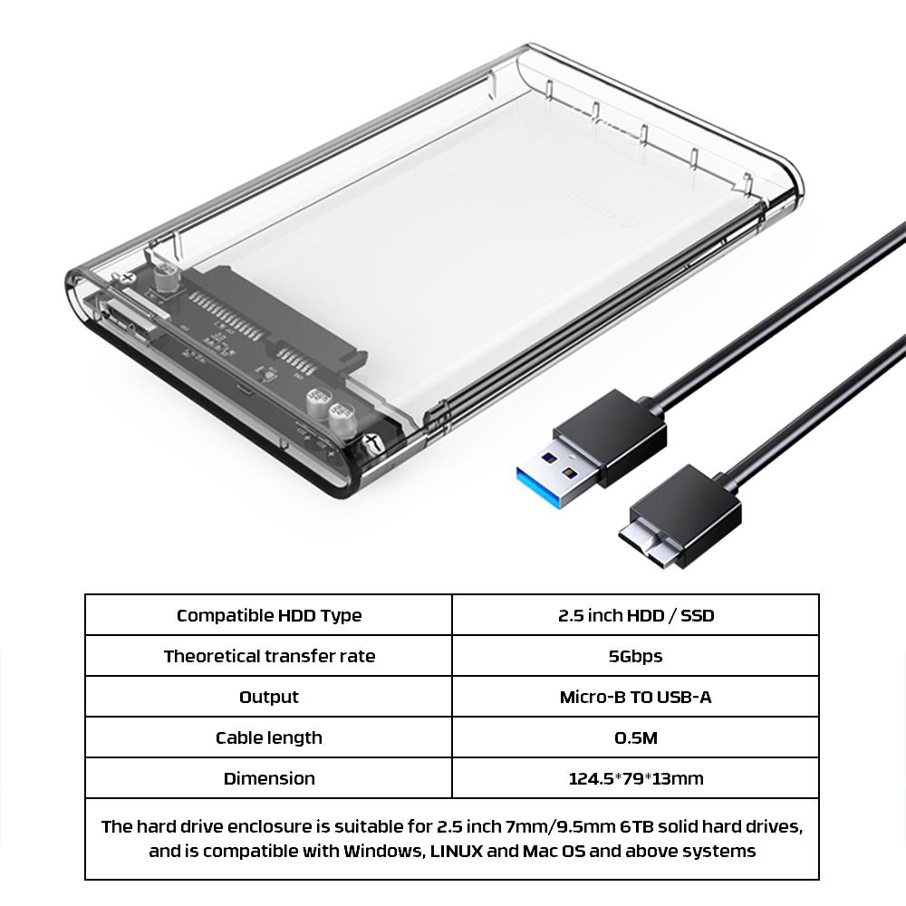 2.5'' External Hard Drive Enclosure USB 3.0 To SATA III Tool-Free Clear Hard Disk Case for 2.5 Inch 7mm 9.5mm SATA HDD SSD Max 6TB Support UASP
