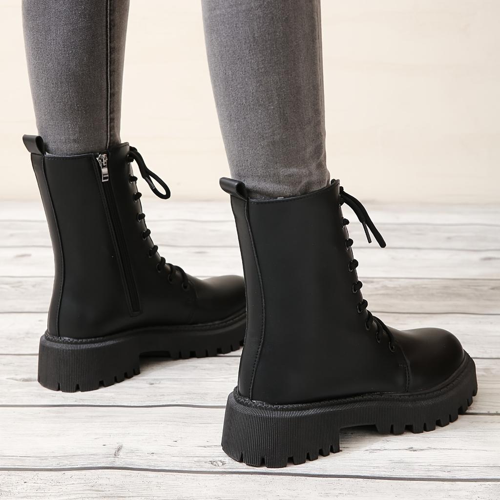 Женские однотонные армейские ботинки, модные ботинки со шнуровкой и молнией по бокам, обувь из искусственной кожи для женщин, ботильоны большого размера 42