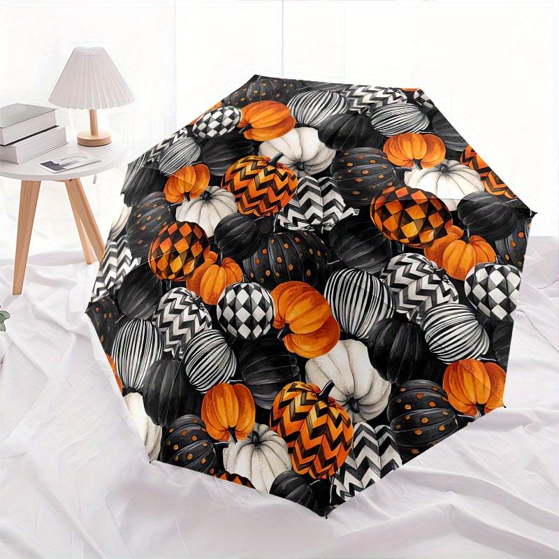Pumpkin Pattern Halloween Automatic Folding Umbrella Simple 8 Rib Design, Bright Cartoon Pattern, Durable Iron Frame, Suitable For Travel,