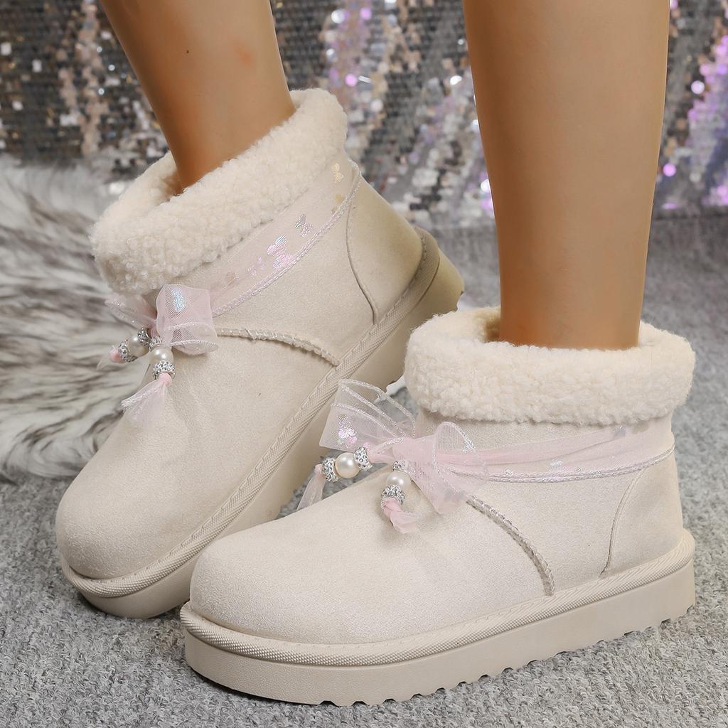 Thick Bottom Fluffy Fur Women's Snow Boots 2025 Winter Sweet Pink Bowknot Ankle Boots with Platform Brand Furry Shoes for Woman