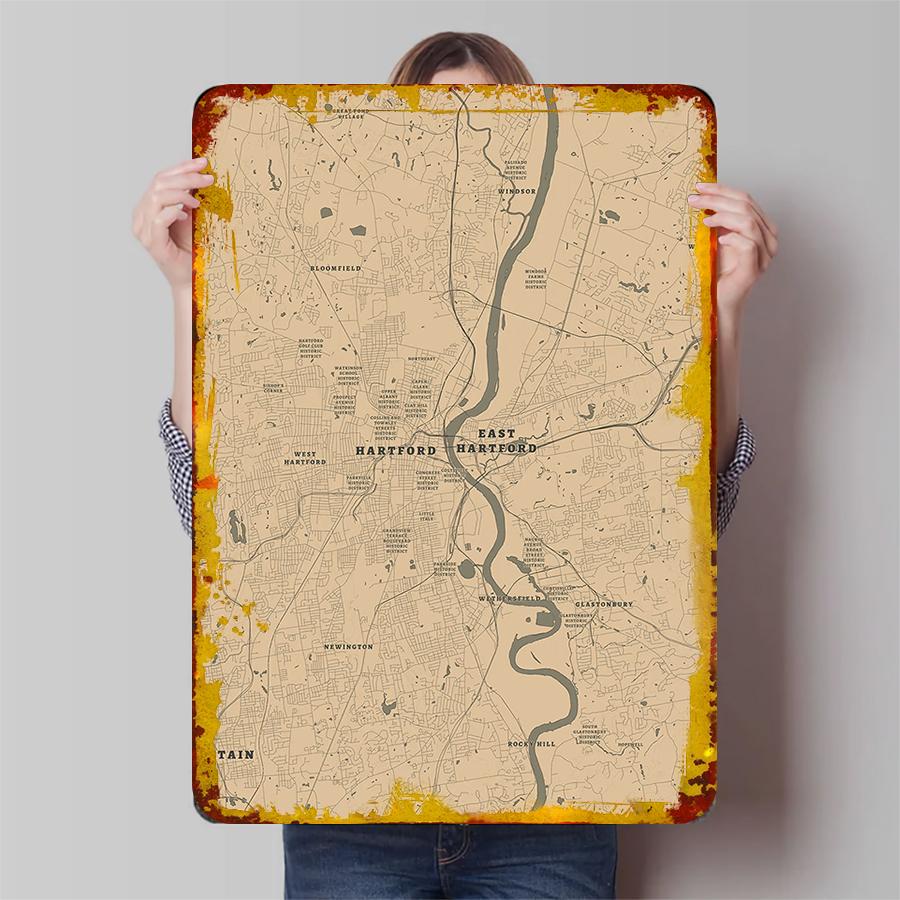 Hartford Connecticut Vintage Map Metal Wall Art Retro Home Decor for Office Living Room Kitchen Decorative Sign