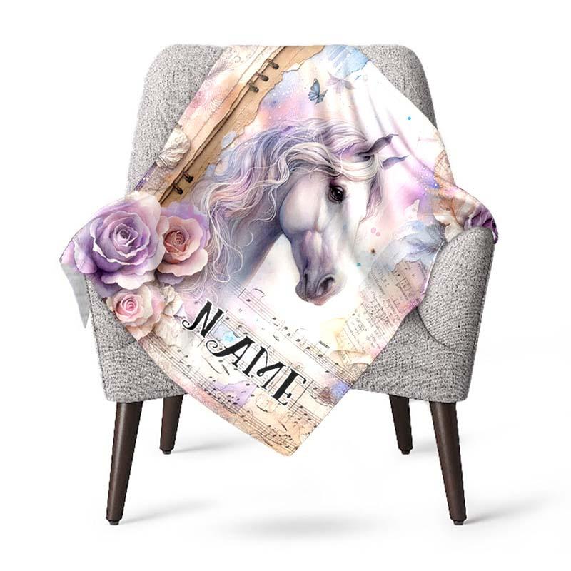 Flowers And Beautiful Horse Customize Your Name Blanket Used For Chair Office Sofa Bed Camping Soft And Warm Giving Friends And Relatives Birthday