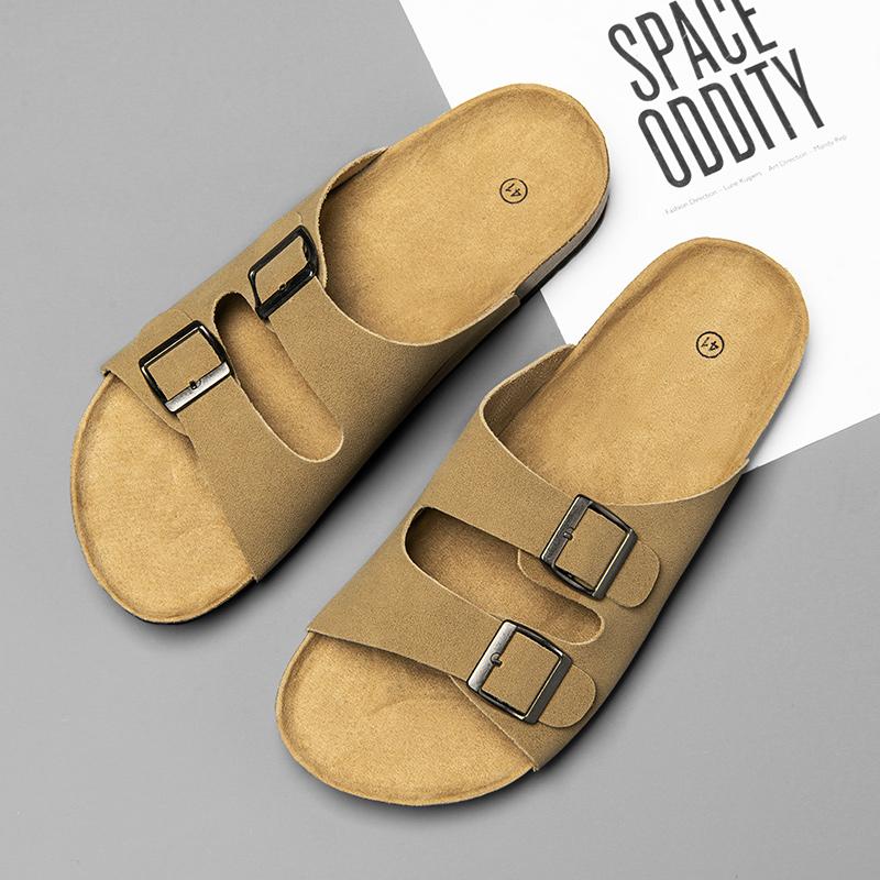 Модные летние мужские тапочки в британском стиле для подиума, модные сандалии для отдыха на природе, мужские тапочки из пробки, мягкие пляжные шлепанцы с двумя пряжками