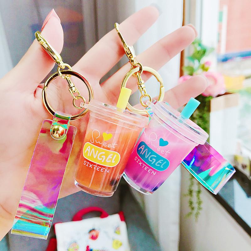 Cute Mini Pearl Milk Tea Keychain Adorable Acrylic Cartoon Style Keyring Accessory