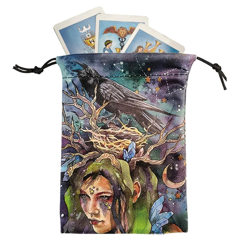 Мешочки-органайзеры на шнурке 5x7 дюймов Мешочки для хранения колоды Таро на шнурке Маленькие многофункциональные мягкие мешочки для ювелирных изделий Ворона Животное
