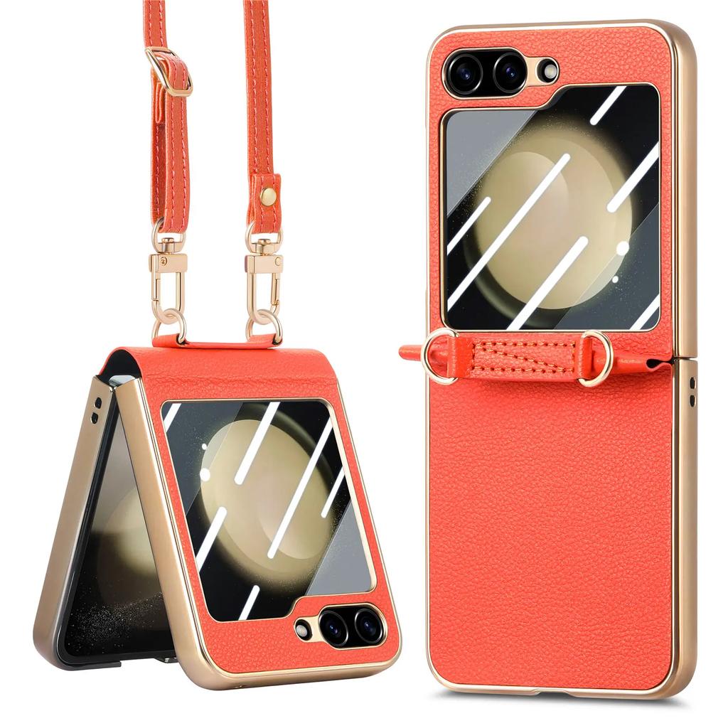 Кроссбоди Шнурок Гальваническое покрытие PU Кожа Чехол для телефона для Samsung Galaxy Z Flip 5 Flip5 5G Жесткий Чехол Ударопрочная Накладка