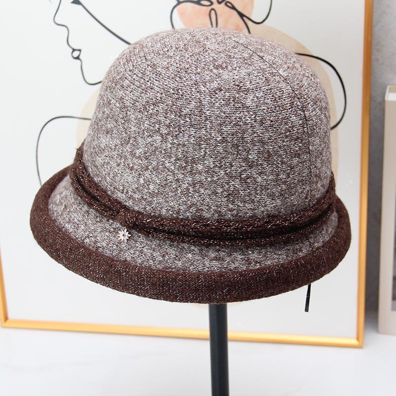 Autumn and winter retro knitted bucket hat women's curled short-brimmed top hat elegant middle-aged mother hat foreign style versatile thermal hat