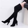 Autumn and Winter Plus Size The Knee Women Boots Stretch Fabrics High Heel Slip On Shoes Pointed Toe Woman Long Boots Plus Size 34-43