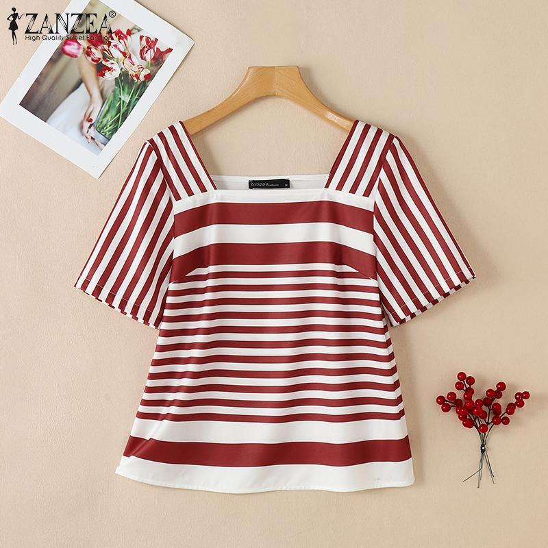 ZANZEA Женская летняя повседневная блузка в полоску с квадратным воротником и коротким рукавом