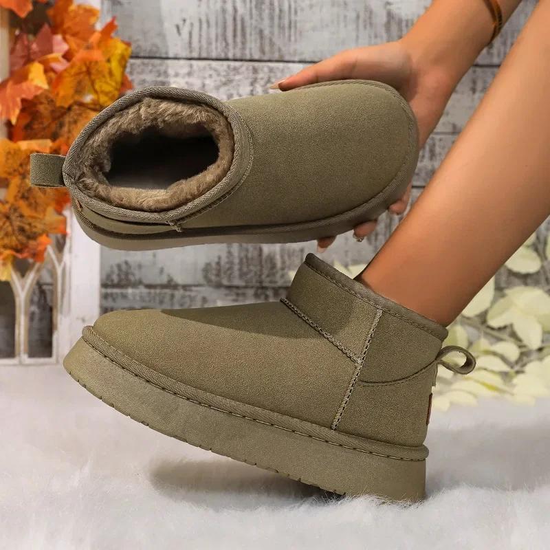 Зимние новые модные женские сапоги 2024 года, короткие плюшевые теплые зимние сапоги с круглым носком, повседневные замшевые туфли на плоской платформе, женские туфли Zapatos