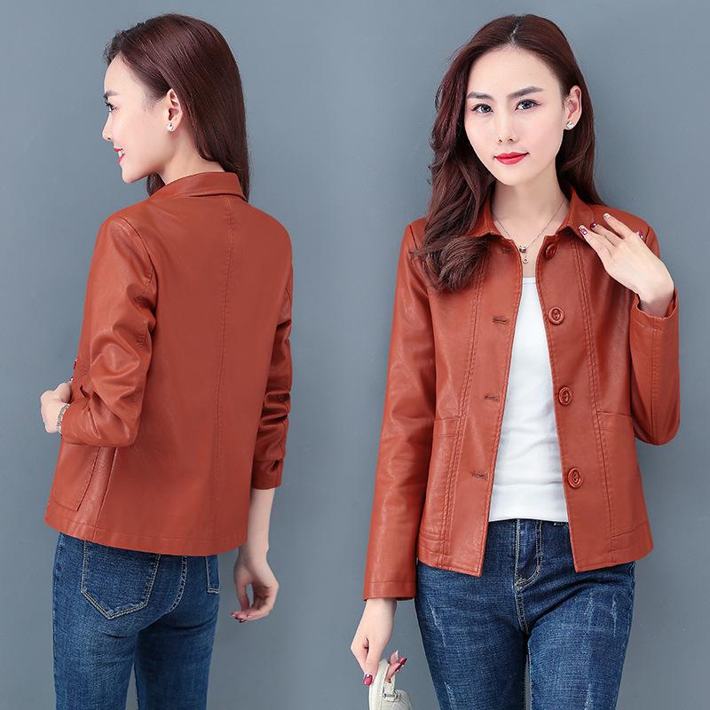 Leather Women's Short Style Plus Velvet Autumn and Winter Korean Version Is Thin and Versatile Lapel Motorcycle PU Leather Jacket Western Style Jacket