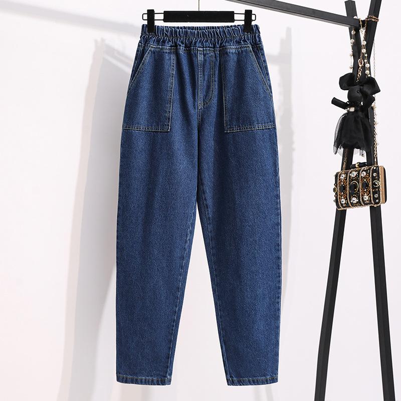 Plus Size Women Jeans Pants High Waist Loose Denim Female Elastic Waist Basic Pockets Trousers