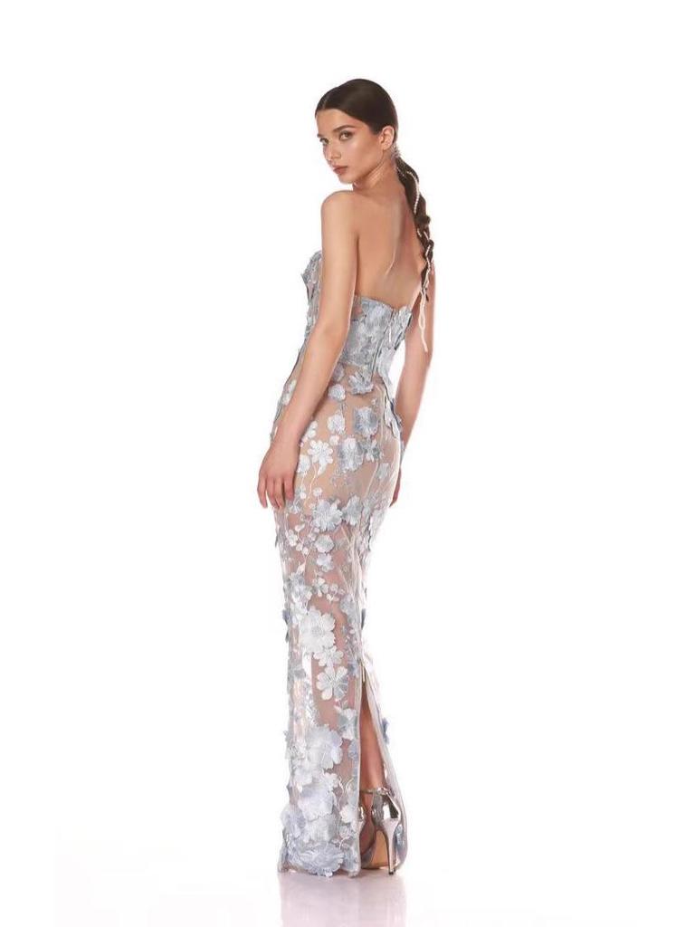 Европейский и американский дизайн Синее вечернее платье без бретелек с 3D-цветочными деталями