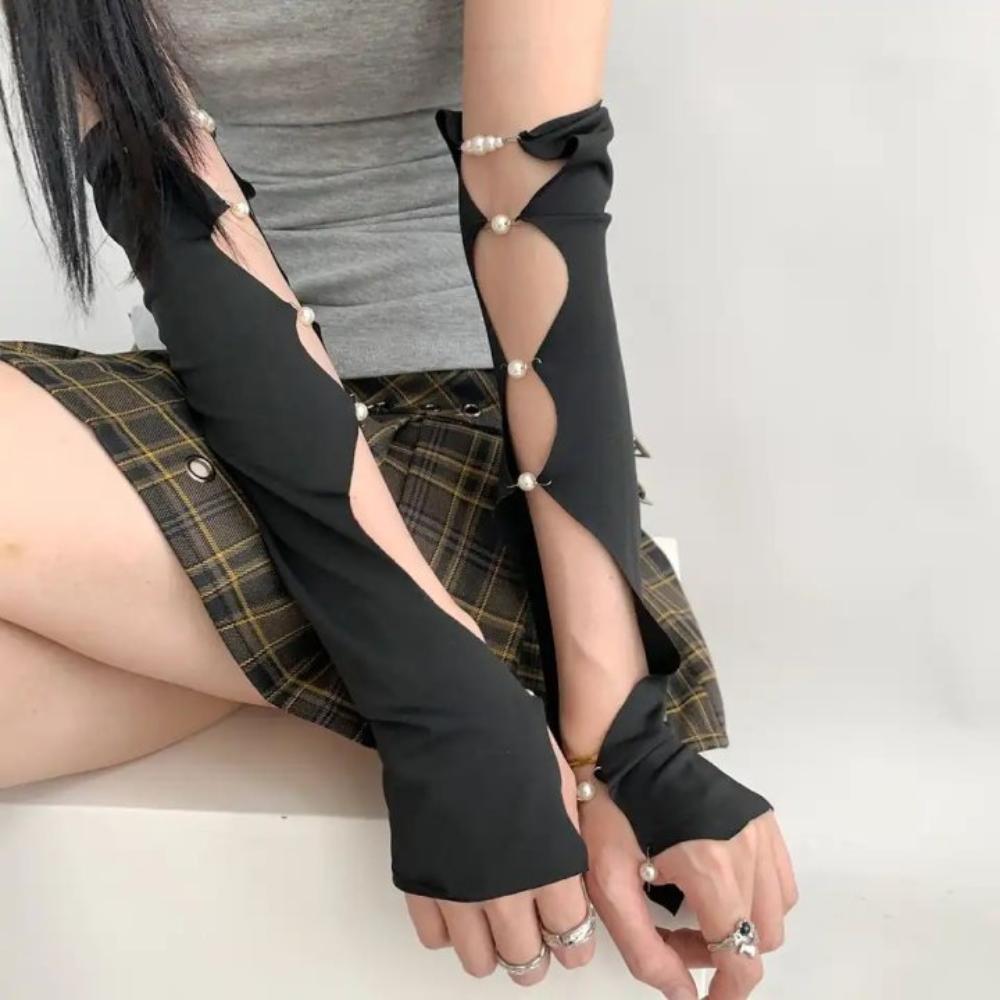 Упругие черные панк-рукава с крутым полым рукавом из икры, модные жемчужные накладки на половину пальцев для девочек