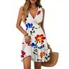 Women's Dress V-neck Sleeveless Casual Floral Print Hem Pleated Dress