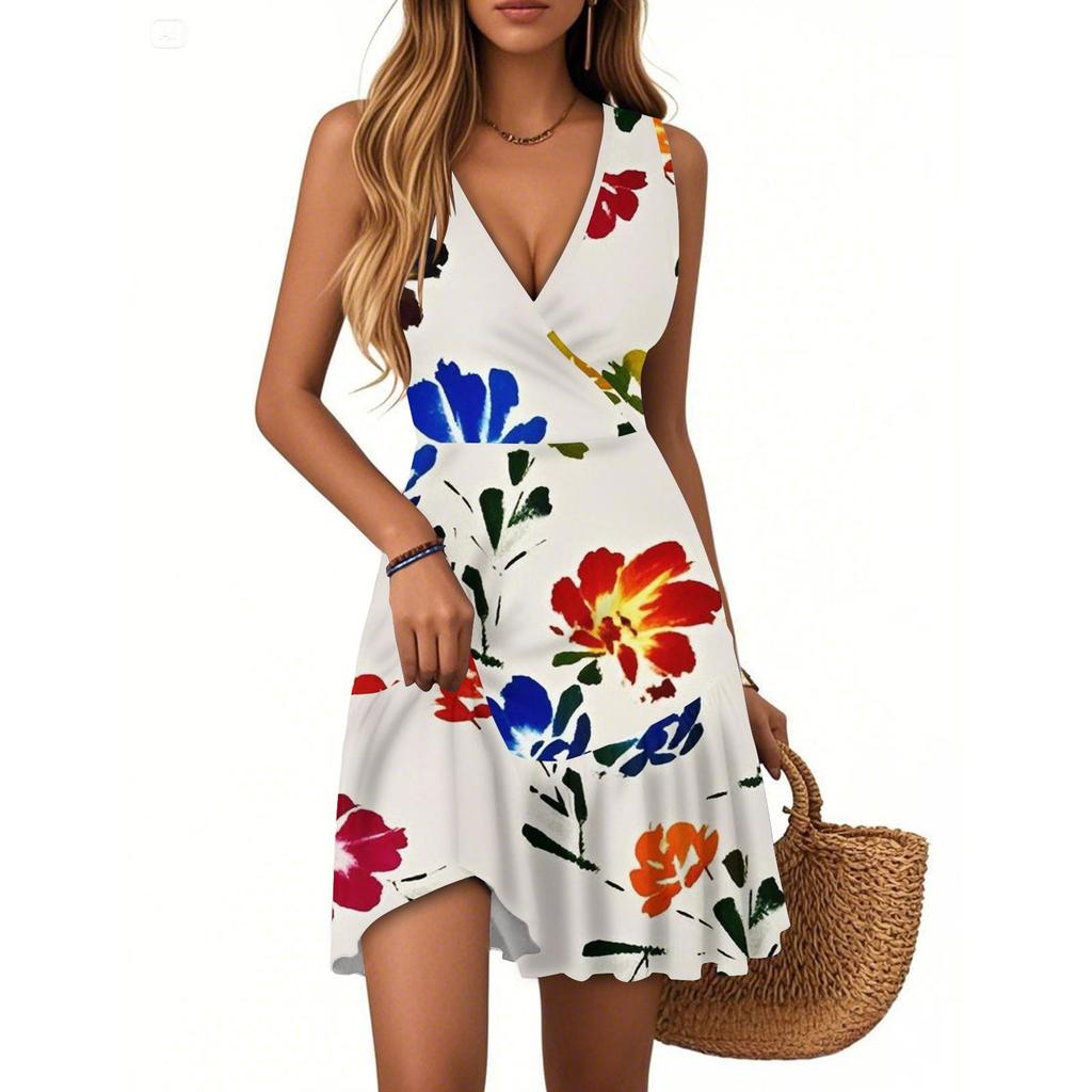 Women's Dress V-neck Sleeveless Casual Floral Print Hem Pleated Dress