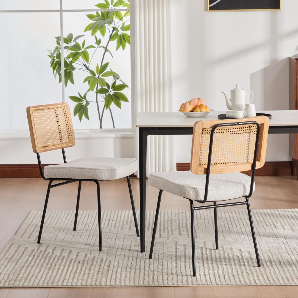 Modern Dining Chair, Set of 2, Chenille Upholstery, without Armrests, Solid Wood Frame on the Backrest, Rattan Look, Adjustable Metal Feet-Ivory