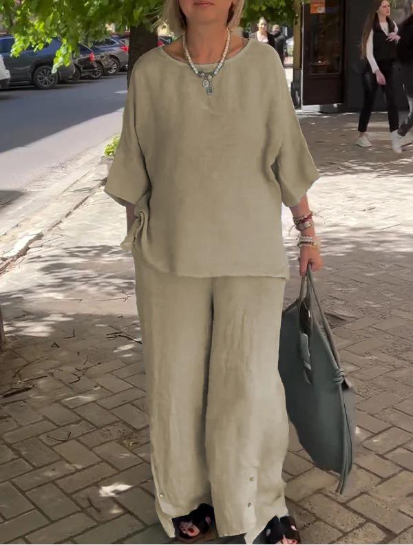 2024 Women's Cotton Linen Fashion Set: Casual Seven-Sleeve Top and Wide-Leg Pants Two-Piece Set