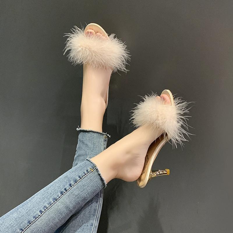 Fashion 2025 Summer New Women's Stiletto Sandals Party Sexy Women's High Heels Furry Shoes Plus Size 43 Women's Slippers