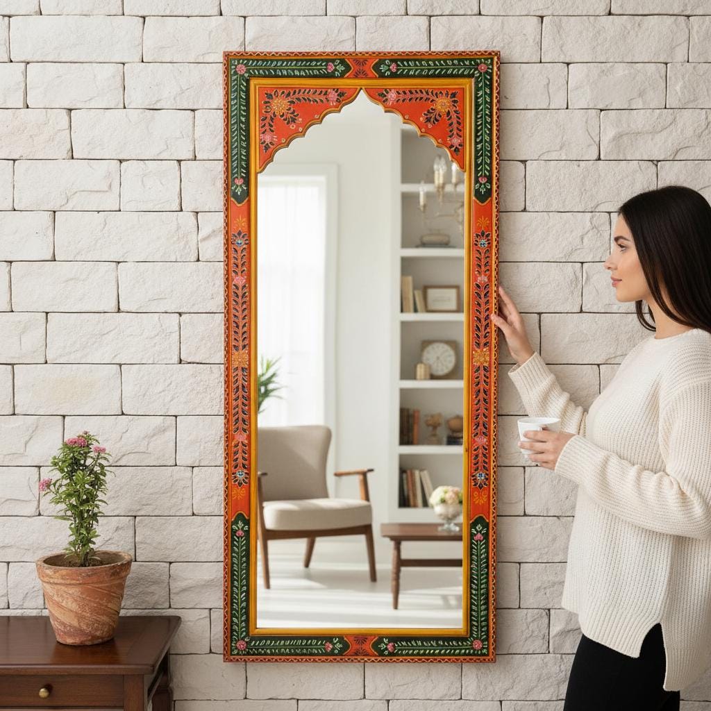 Wooden Painted Wall Decor Fram Mirror-Bedroom Mirror Home Decor Art Furniture | Wall Living Fram Decor Mirror-Indian Painted Beautifull Fram
