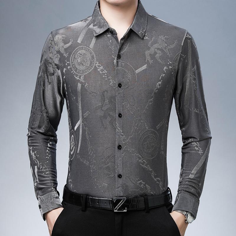 Men's Floral Long-sleeved Ice Silk Shirt, Fashionable Large Floral Shirt, Autumn Dad Wear, Casual Middle-aged Shirt for Men