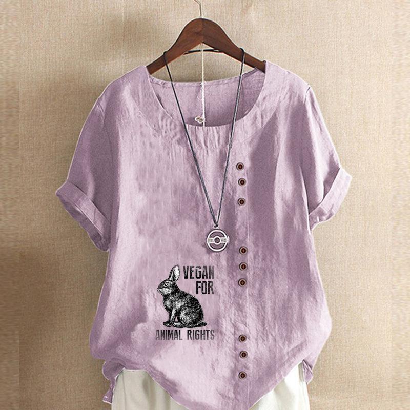 Женская модная футболка с круглым вырезом и коротким рукавом с милым принтом кролика, повседневная рубашка из хлопка и льна с рисунком, свободная летняя блузка для отдыха, топы