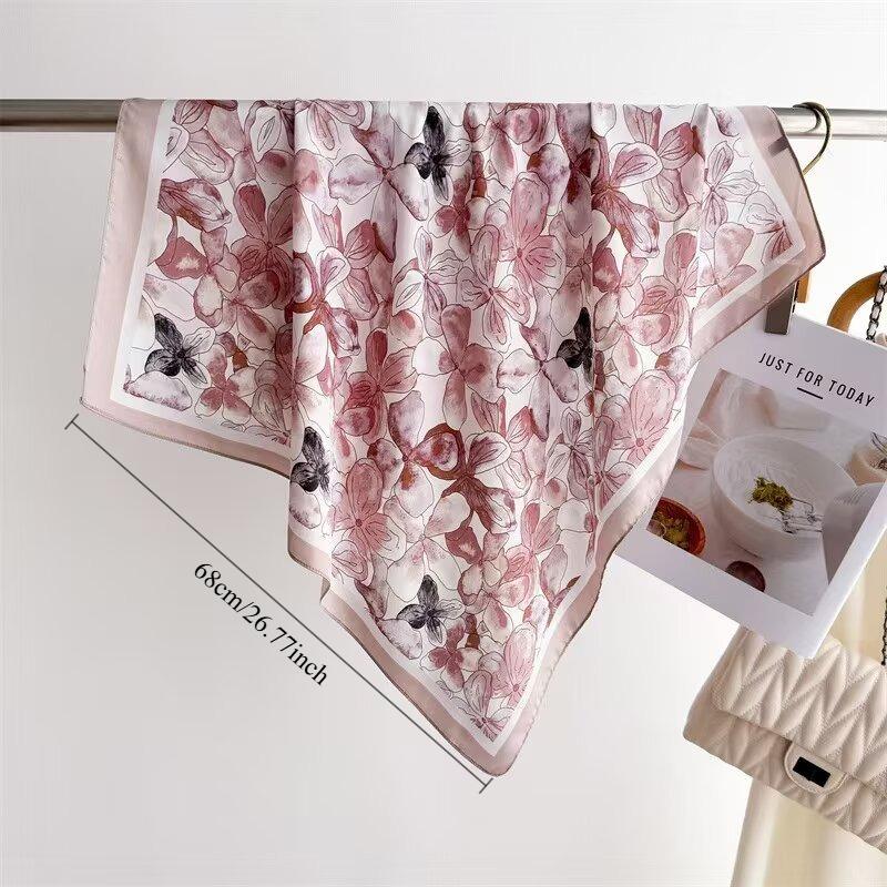 68cm Watercolor Four-leaf Flower Pattern Scarf Women's Spring and Summer New Imitation Silk Scarf Fashion Shawl Headscarf Scarfs