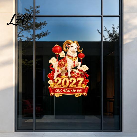 Auspicious Cloud And Lantern Decor 2027 Zodiac Sheep Sticker Vietnamese Happy New Year Static Window Non Adhesive Glass Clings Decal Removable