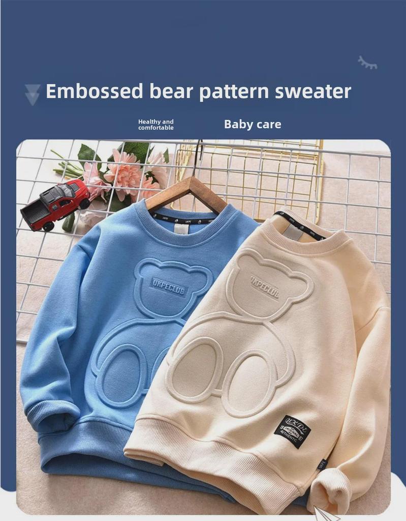 Футболки с длинным рукавом для мальчиков весна и осень - тонкий свитер с тисненым медведем для детей