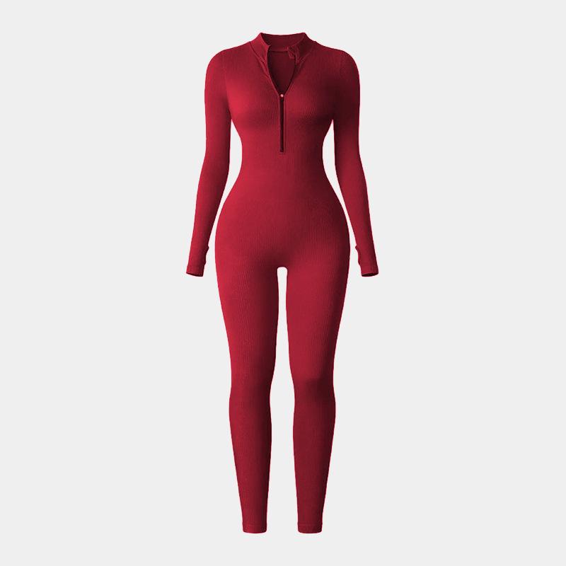 European-Style One-Piece Sport Jumpsuit for Women with Zipper, Stand Collar, Long Sleeves, Thumb Holes, Hip Lifting, and Tummy Control