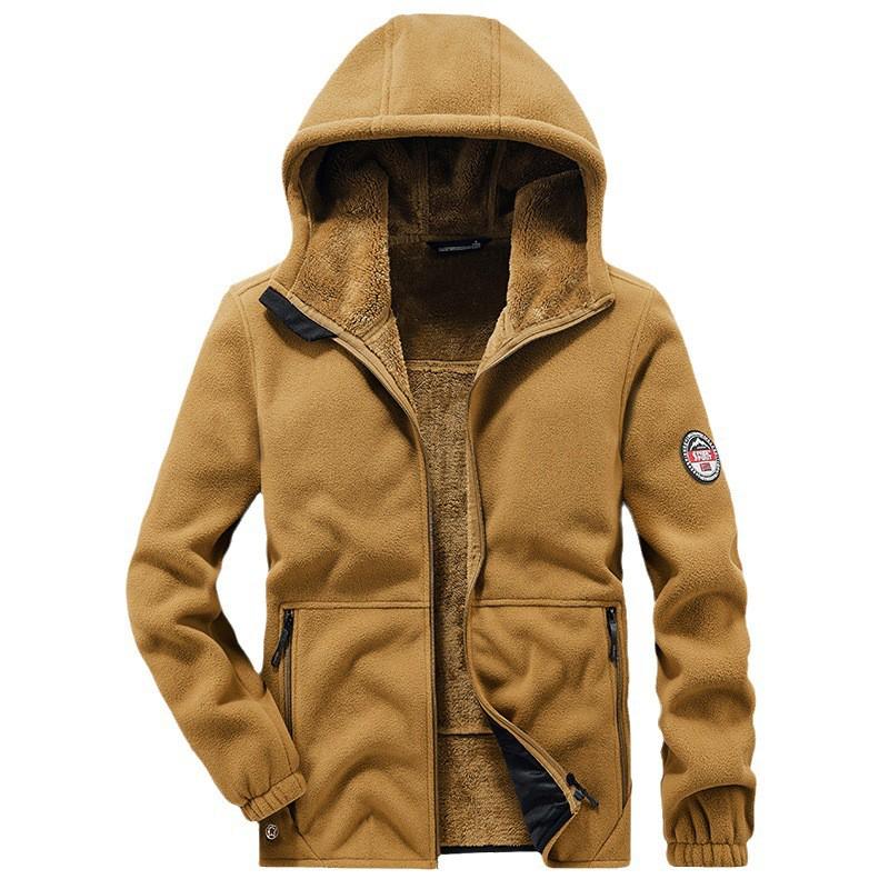 Mens Fleece Jacket Thick Warm Hooded Coat Solid Color Casual Winter Outerwear